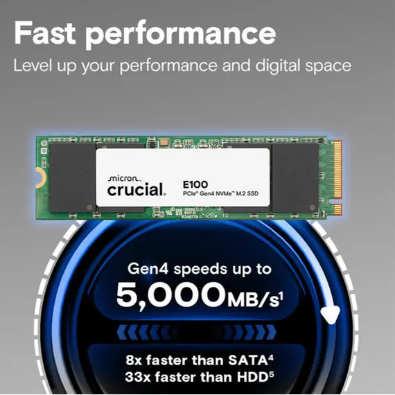 მყარი დისკი CRUCIAL PCIE G4 M.2 NVME 2TB E100 CT2000E100SSD8 - Primestore.ge