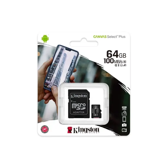 მეხსიერების ბარათი Kingston 64GB microSDXC C10 UHS-I U1 A1 R100MB/s Canvas Select Plus , 2 image - Primestore.ge