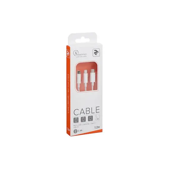 უსბ კაბელი 2E USB 3 in 1 Micro/Lightning/Type C, 5V/2.4A, White,1.2m , 4 image - Primestore.ge