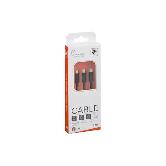 უსბ კაბელი 2E USB 3 in 1 Micro/Lightning/Type C, 5V/2.4A, Black,1.2m , 4 image - Primestore.ge