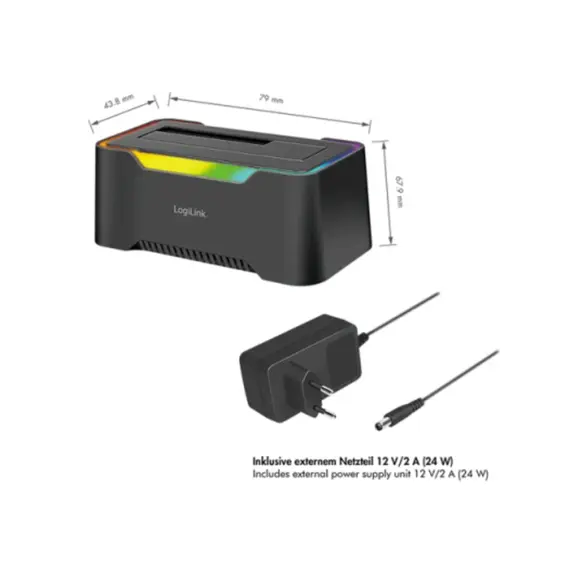 დოქ სადგური Logilink QP0035 USB-C 3.2 Gen 1 2.5" &amp; 3.5" SATA HDD/SSD RGB Docking station Black - Primestore.ge