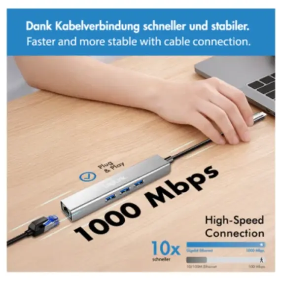 USB ჰაბი Logilink UA0461 USB-C 3-Port Hub Gigabit Adapter 15cm - Primestore.ge