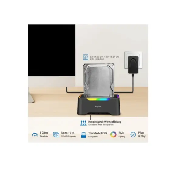 დოქ სადგური Logilink QP0035 USB-C 3.2 Gen 1 2.5" &amp; 3.5" SATA HDD/SSD RGB Docking station Black - Primestore.ge