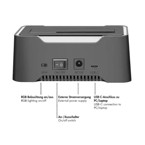 დოქ სადგური Logilink QP0035 USB-C 3.2 Gen 1 2.5" &amp; 3.5" SATA HDD/SSD RGB Docking station Black - Primestore.ge