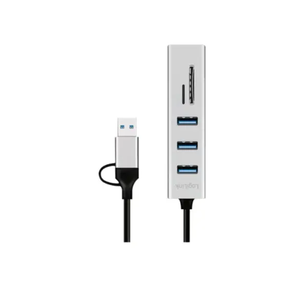 USB ჰაბი Logilink UA0445 USB 3.0 Hub 3xUSB-A SD/microSD Slot 5Gbps Silver - Primestore.ge