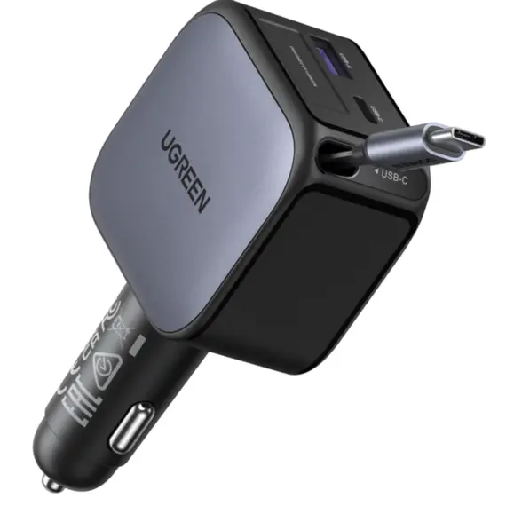 მანქანის დამტენი UGREEN EC602 (55212B) Nexode, 60W, Car Charger With Retractable Type-C Cable, Grey - Primestore.ge