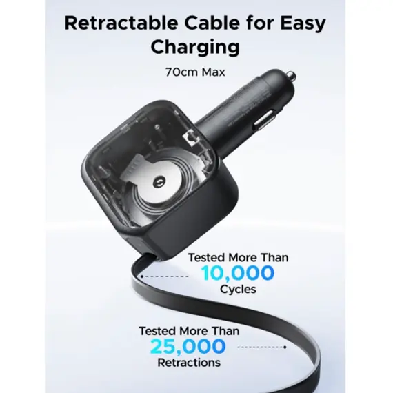 მანქანის დამტენი UGREEN EC602 (55212B) Nexode, 60W, Car Charger With Retractable Type-C Cable, Grey - Primestore.ge
