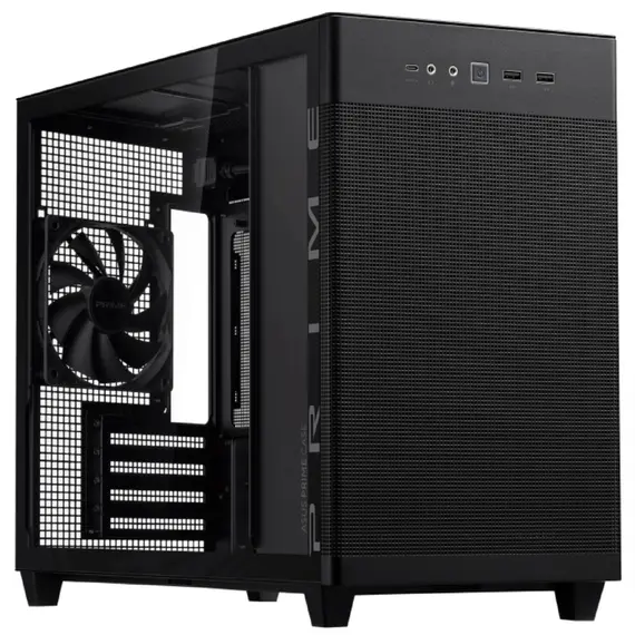 კომპიუტერის ქეისი ASUS Prime AP201 Tempered Glas, without PSU, 2xUSB3.2, 1xUSB Type-C, Tempered Glass side, mATX, Black 90DC00G0-B39010 - Primestore.ge