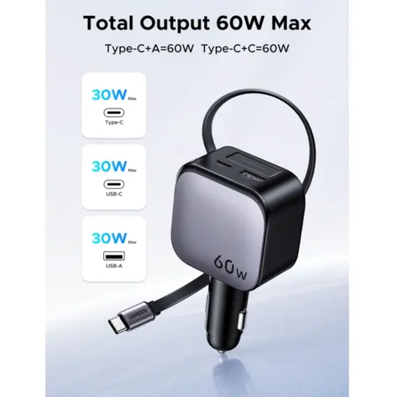 მანქანის დამტენი UGREEN EC602 (55212B) Nexode, 60W, Car Charger With Retractable Type-C Cable, Grey - Primestore.ge