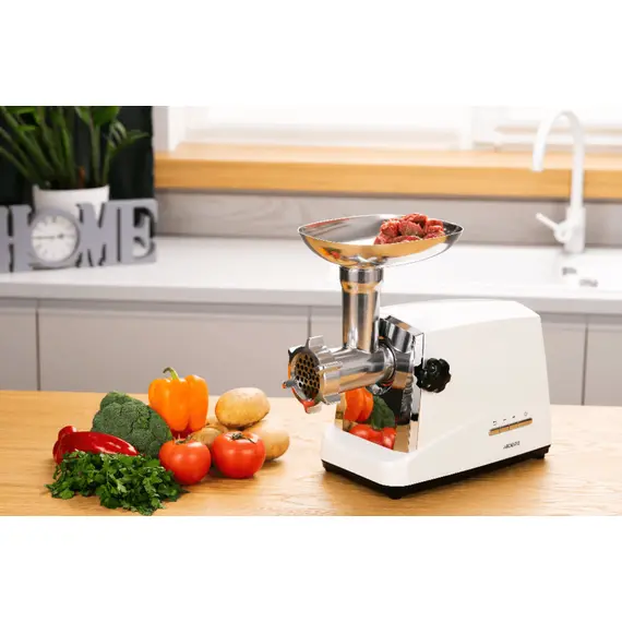 ხორცსაკეპი მანქანა ARDESTO Meat grinder , 1750W, 2kg/min, 3 cutting plates, sausages nozzle, 4 veg.slicer,  plastik, white-silver - Primestore.ge