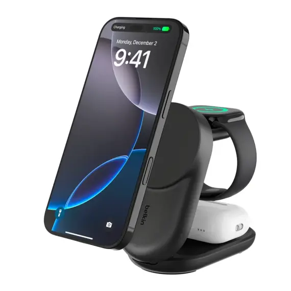 პორტატული დამტენი BELKIN 25w Qi2 3-IN-1 Foldable Charger, Black - Primestore.ge