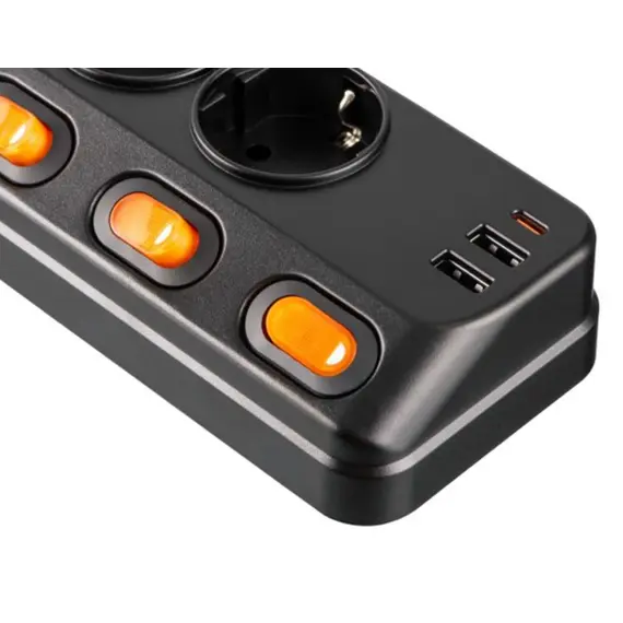 დენის გამანაწილებელი 2E Power strip with surge protection, 3m, 6xTypeF, 16A, 2xUSB-A, 1xUSB-C, black - Primestore.ge