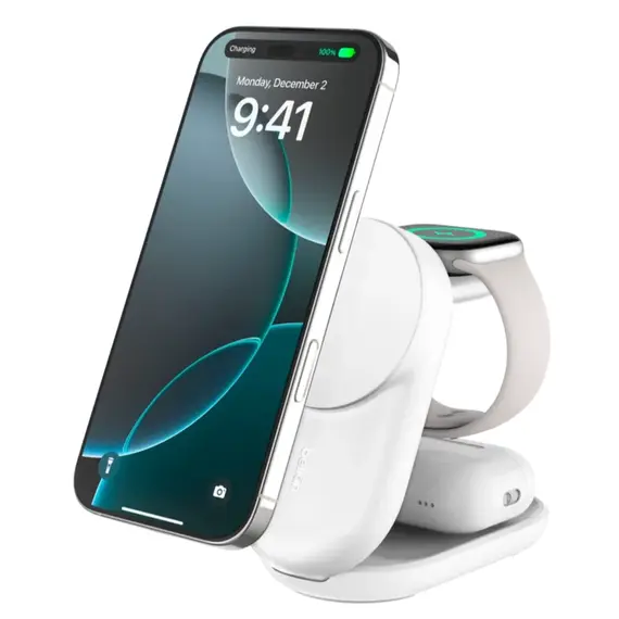 უსადენო დამტენი BELKIN 25w Qi2 3-IN-1 Foldable Charger, White - Primestore.ge