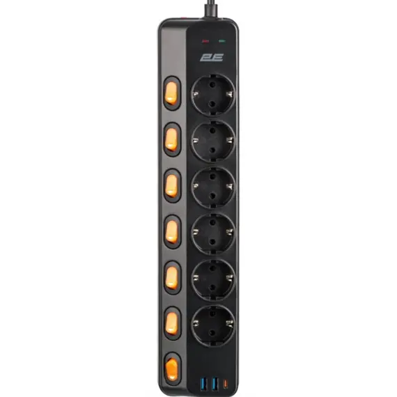 დენის გამანაწილებელი 2E Power strip with surge protection, 3m, 6xTypeF, 16A, 2xUSB-A, 1xUSB-C, black - Primestore.ge