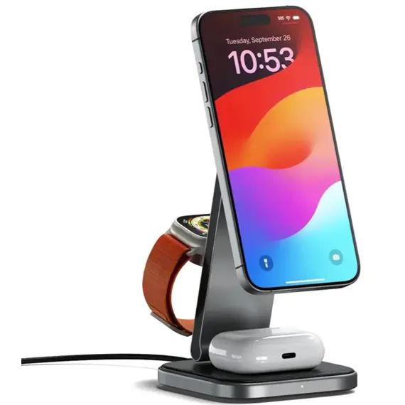 პორტატული დამტენი SATECHI 3-in-1 Foldable Qi2 Wireless Charging Stand (Space Gray) with Type A,C,G plugs - Primestore.ge