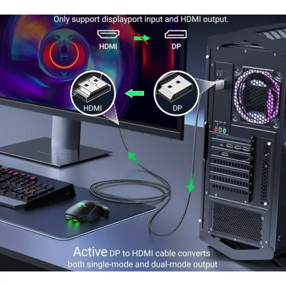 ვიდეო კაბელი UGREEN DP119 (15773), 4K, DisplayPort to HDMI, 1m, Grey/Black - Primestore.ge