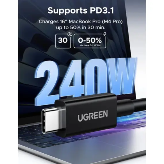 ვიდეო კაბელი UGREEN L703 (45996), 240W, Type-C Thunderbolt 5 Cable, 1m, Black - Primestore.ge