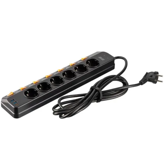 დენის გამანაწილებელი 2E Power strip with surge protection, 3m, 6xTypeF, 16A, 2xUSB-A, 1xUSB-C, black - Primestore.ge