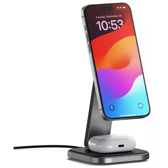 პორტატული დამტენი SATECHI 2-in-1 Foldable Qi2 Wireless Charging Stand (Space Gray) - Primestore.ge
