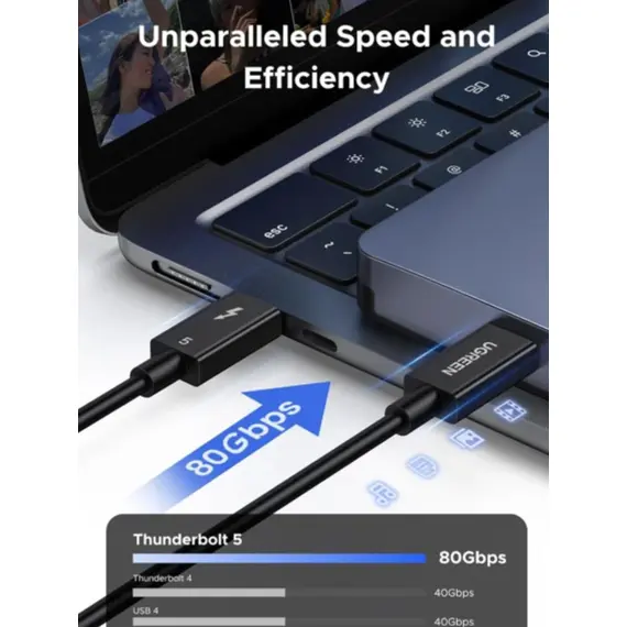 ვიდეო კაბელი UGREEN L703 (45996), 240W, Type-C Thunderbolt 5 Cable, 1m, Black - Primestore.ge