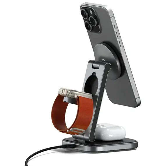 პორტატული დამტენი SATECHI 3-in-1 Foldable Qi2 Wireless Charging Stand (Space Gray) with Type A,C,G plugs - Primestore.ge