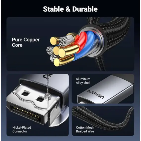 ვიდეო კაბელი UGREEN DP119 (25491), 4K, DisplayPort to HDMI, 3m, Grey/Black - Primestore.ge