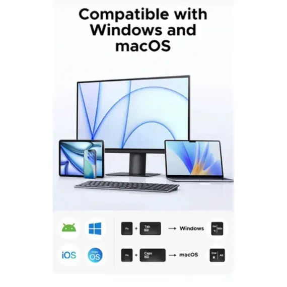 კლავიატურა UGREEN K552 (75163), Wireless, Bluetooth, USB, Keyboard, Grey - Primestore.ge