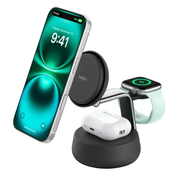 უსადენო დამტენი BELKIN 25w QI2 3-IN-1 Wireless Charging Stand, Black - Primestore.ge