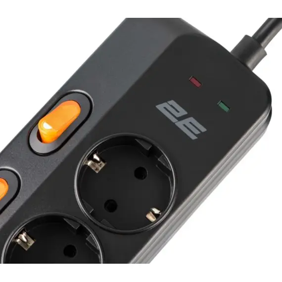 დენის გამანაწილებელი 2E Power strip with surge protection, 3m, 6xTypeF, 16A, 2xUSB-A, 1xUSB-C, black - Primestore.ge