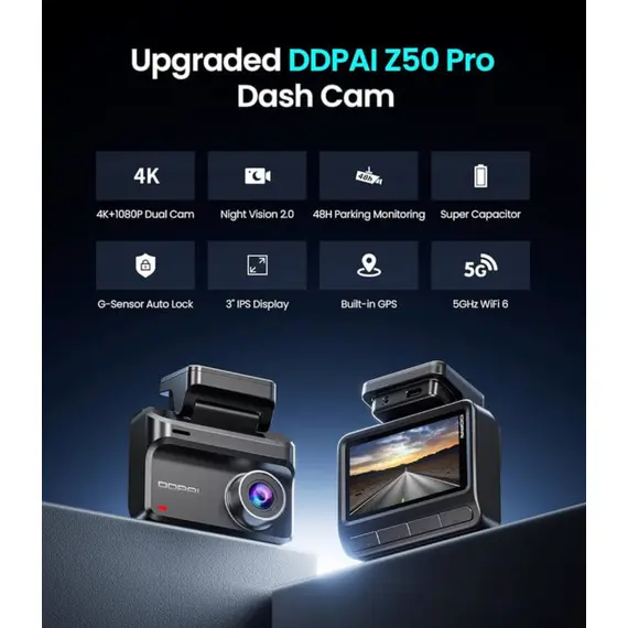 მანქანის ვიდეო რეგისტრატორი DDPAI Z50 Pro 4K Dash Cam 143° WIFI, GPS, Bluetooth, Car Video Recorder, Black - Primestore.ge
