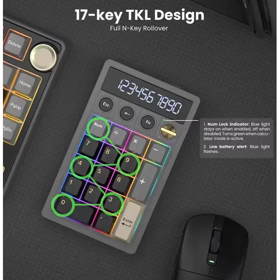 კლავიატურა Royal Kludge RKM20-PT-YXZ RGB Mechanical Numpad, Violet Switch, Hot Swappable, Wireless, Type-C, Bluetooth, 2.4GHz, Phantom - Primestore.ge