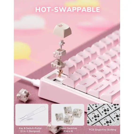 კლავიატურა Royal Kludge RKR75-PM-XH RGB Mechanical Keyboard, Cream Switch, Hot Swappable, Wired, USB, Pink Melody - Primestore.ge