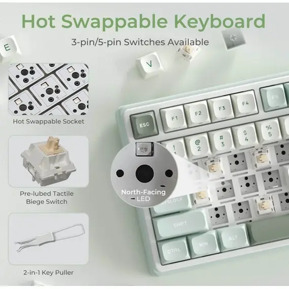 კლავიატურა Royal Kludge RKR98PRO-SK-XW RGB Mechanical Keyboard, Beige Switch, Hot Swappable, Wired, Sky Cyan - Primestore.ge