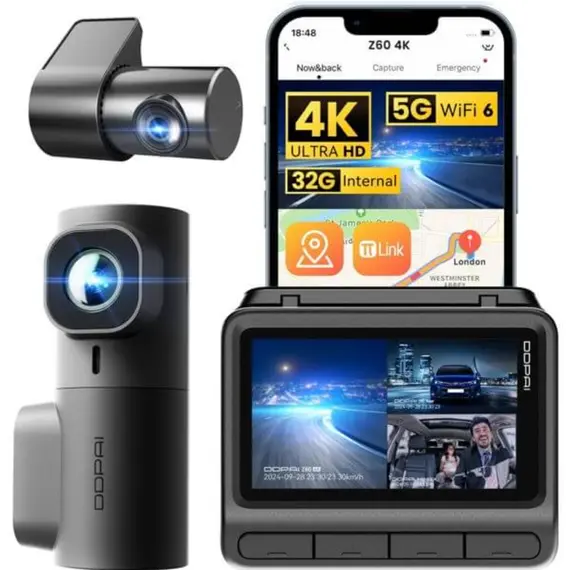 მანქანის ვიდეო რეგისტრატორი DDPAI Z60T, 140°, 4K UHD , WIFI, GPS, Bluetooth, Three-Channel Dashcam, Car Video Recorder, Black - Primestore.ge