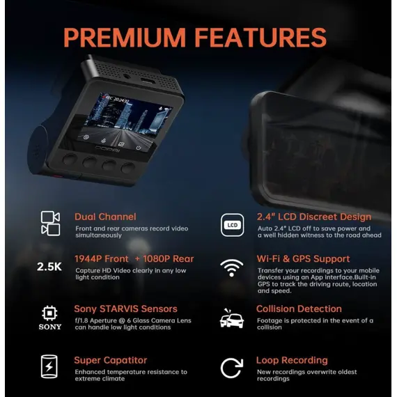 მანქანის ვიდეო რეგისტრატორი DDPAI Z40 GPS DUAL, 140°, WIFI, GPS, Front and Rear Cam, Car Video Recorder, Black - Primestore.ge