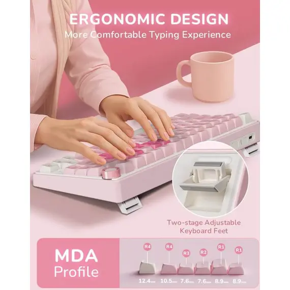 კლავიატურა Royal Kludge RKR75-PM-XW RGB Mechanical Keyboard, Beige Switch, Hot Swappable, Wired, USB, Pink Melody - Primestore.ge