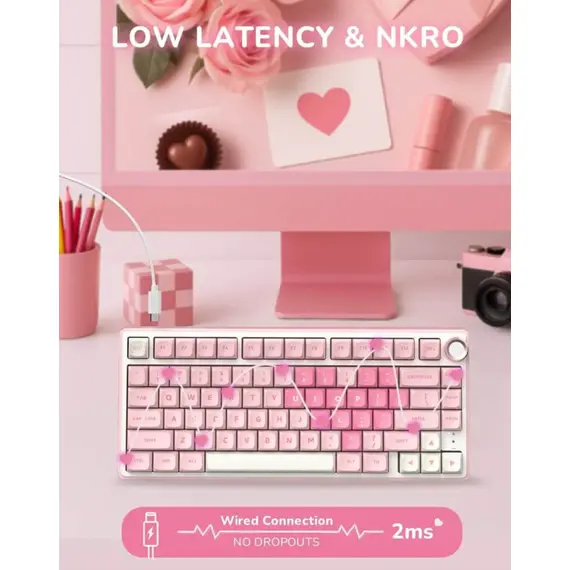 კლავიატურა Royal Kludge RKR75-PM-XH RGB Mechanical Keyboard, Cream Switch, Hot Swappable, Wired, USB, Pink Melody - Primestore.ge
