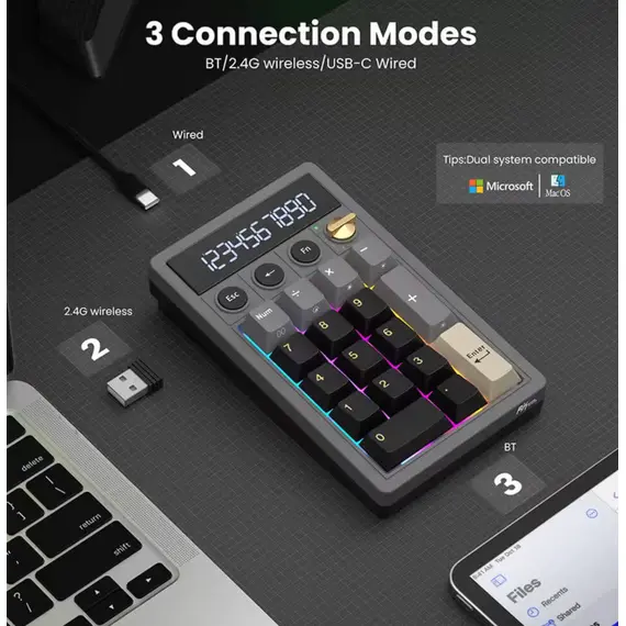კლავიატურა Royal Kludge RKM20-PT-YXZ RGB Mechanical Numpad, Violet Switch, Hot Swappable, Wireless, Type-C, Bluetooth, 2.4GHz, Phantom - Primestore.ge