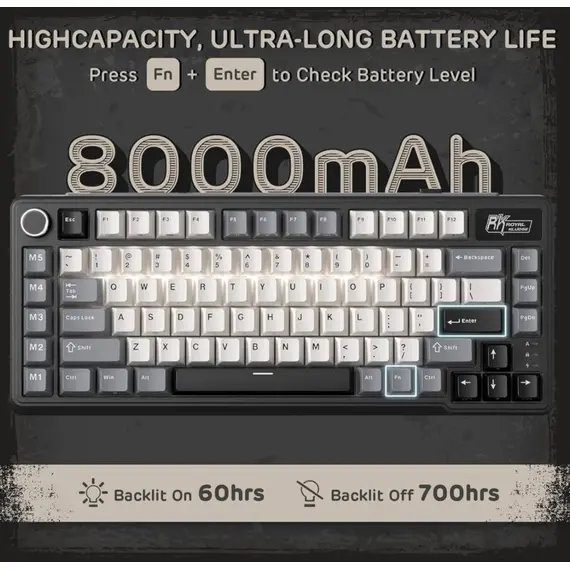 კლავიატურა Royal Kludge RKL75-KB-XW RGB Mechanical Keyboard, Beige Switch, Hot Swappable, Wireless, Type-C, Bluetooth, 2.4GHz, Knight Black - Primestore.ge
