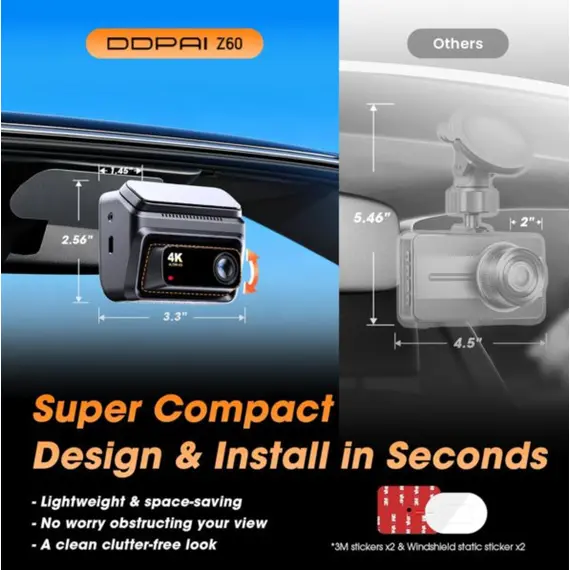 მანქანის ვიდეო რეგისტრატორი DDPAI Z60T, 140°, 4K UHD , WIFI, GPS, Bluetooth, Three-Channel Dashcam, Car Video Recorder, Black - Primestore.ge