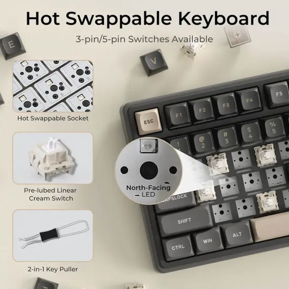 კლავიატურა Royal Kludge RKR98PRO-PT-XW RGB Mechanical Keyboard, Beige Switch, Hot Swappable, Wired, Phantom - Primestore.ge