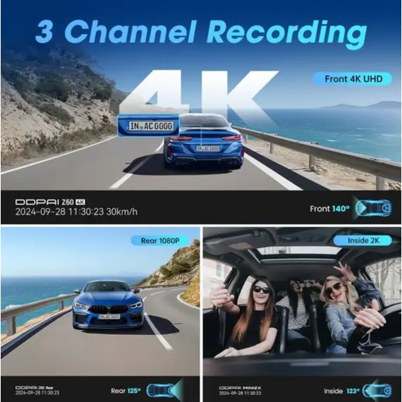 მანქანის ვიდეო რეგისტრატორი DDPAI Z60T, 140°, 4K UHD , WIFI, GPS, Bluetooth, Three-Channel Dashcam, Car Video Recorder, Black - Primestore.ge