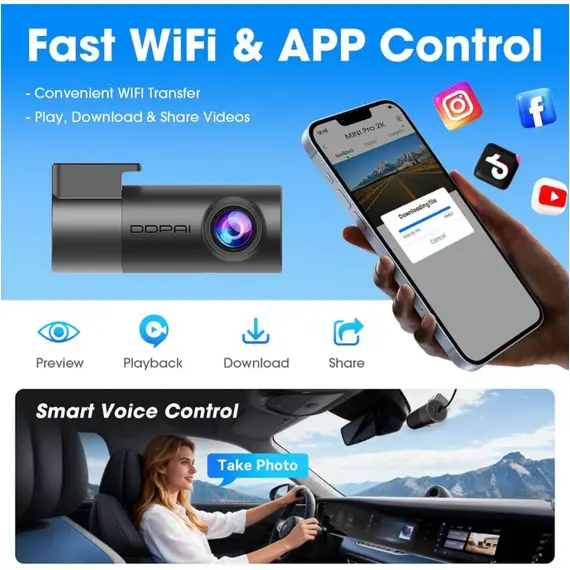 მანქანის ვიდეო რეგისტრატორი DDPAI Mini Pro 2K, 140° WIFI, Dash Cam, Car Video Recorder, Black - Primestore.ge