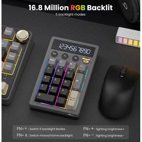 კლავიატურა Royal Kludge RKM20-PT-YXZ RGB Mechanical Numpad, Violet Switch, Hot Swappable, Wireless, Type-C, Bluetooth, 2.4GHz, Phantom - Primestore.ge