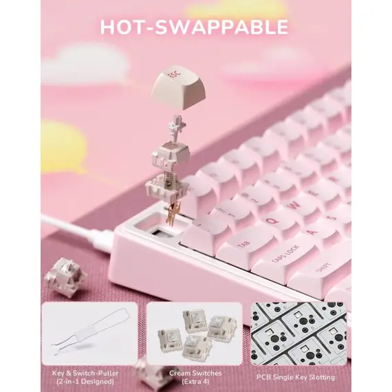 კლავიატურა Royal Kludge RKR75-PM-XW RGB Mechanical Keyboard, Beige Switch, Hot Swappable, Wired, USB, Pink Melody - Primestore.ge