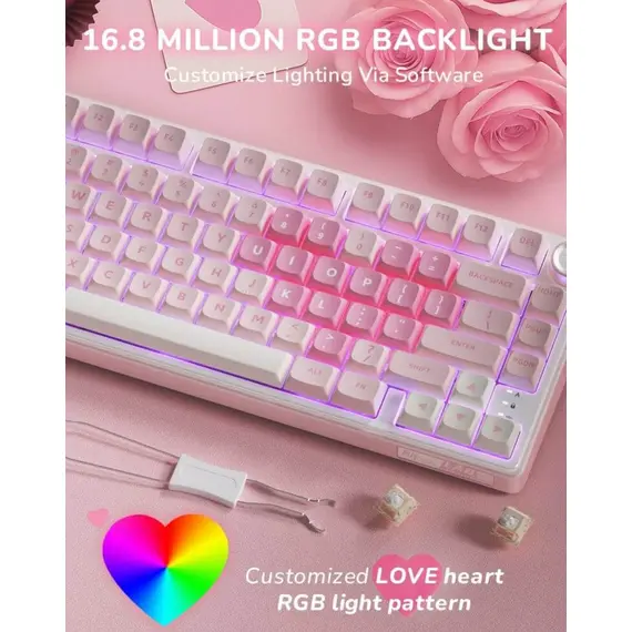 კლავიატურა Royal Kludge RKR75-PM-XW RGB Mechanical Keyboard, Beige Switch, Hot Swappable, Wired, USB, Pink Melody - Primestore.ge