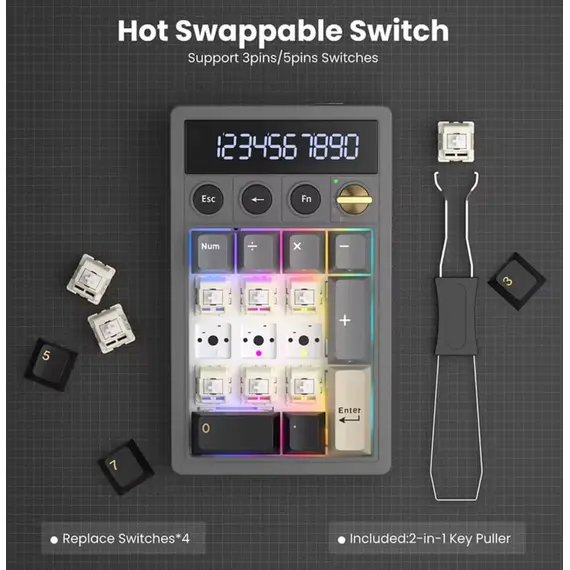 კლავიატურა Royal Kludge RKM20-PT-YXZ RGB Mechanical Numpad, Violet Switch, Hot Swappable, Wireless, Type-C, Bluetooth, 2.4GHz, Phantom - Primestore.ge