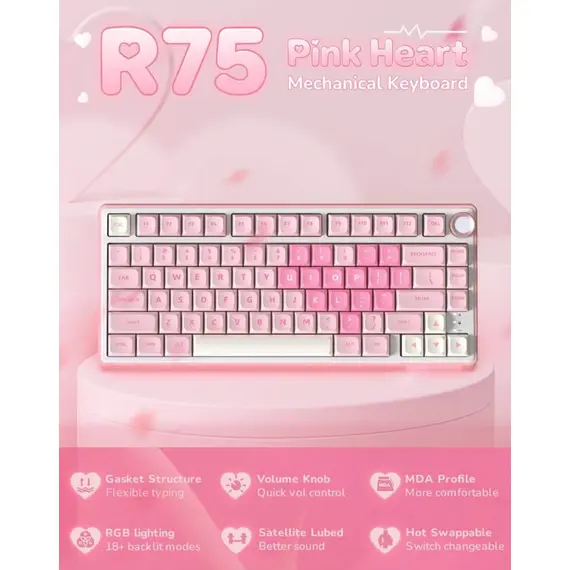 კლავიატურა Royal Kludge RKR75-PM-XW RGB Mechanical Keyboard, Beige Switch, Hot Swappable, Wired, USB, Pink Melody - Primestore.ge