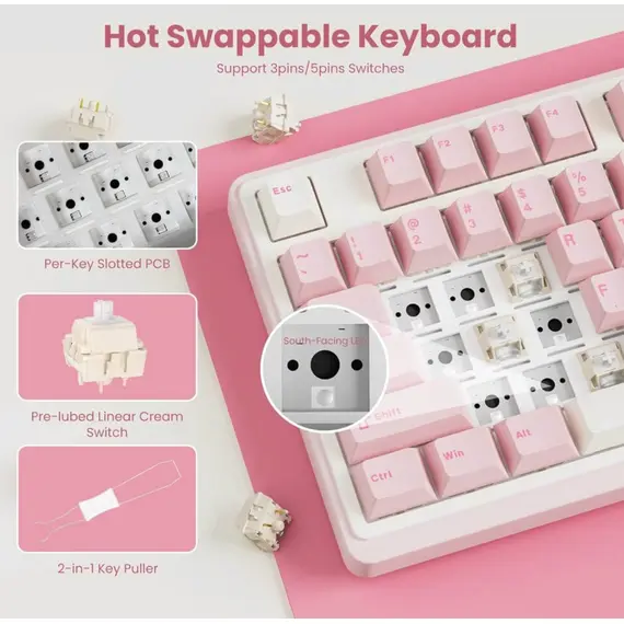 კლავიატურა Royal Kludge RKN99-PM-XH RGB Mechanical Keyboard, Cream Switch, Hot Swappable, Wireless, Type-C, Bluetooth, 2.4GHz, Pink Melody - Primestore.ge