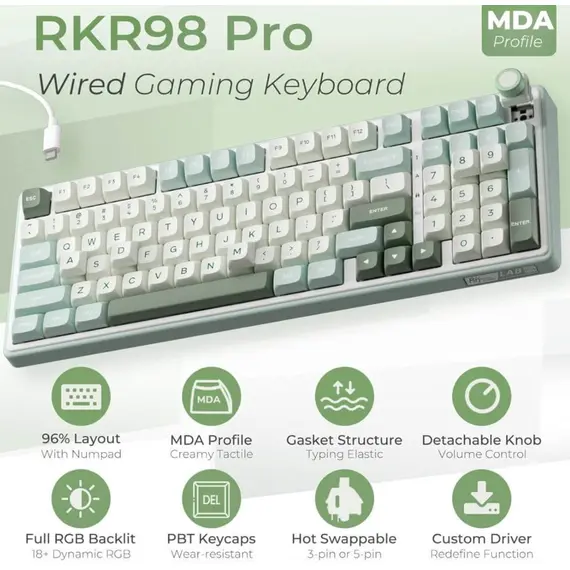 კლავიატურა Royal Kludge RKR98PRO-SK-XW RGB Mechanical Keyboard, Beige Switch, Hot Swappable, Wired, Sky Cyan - Primestore.ge